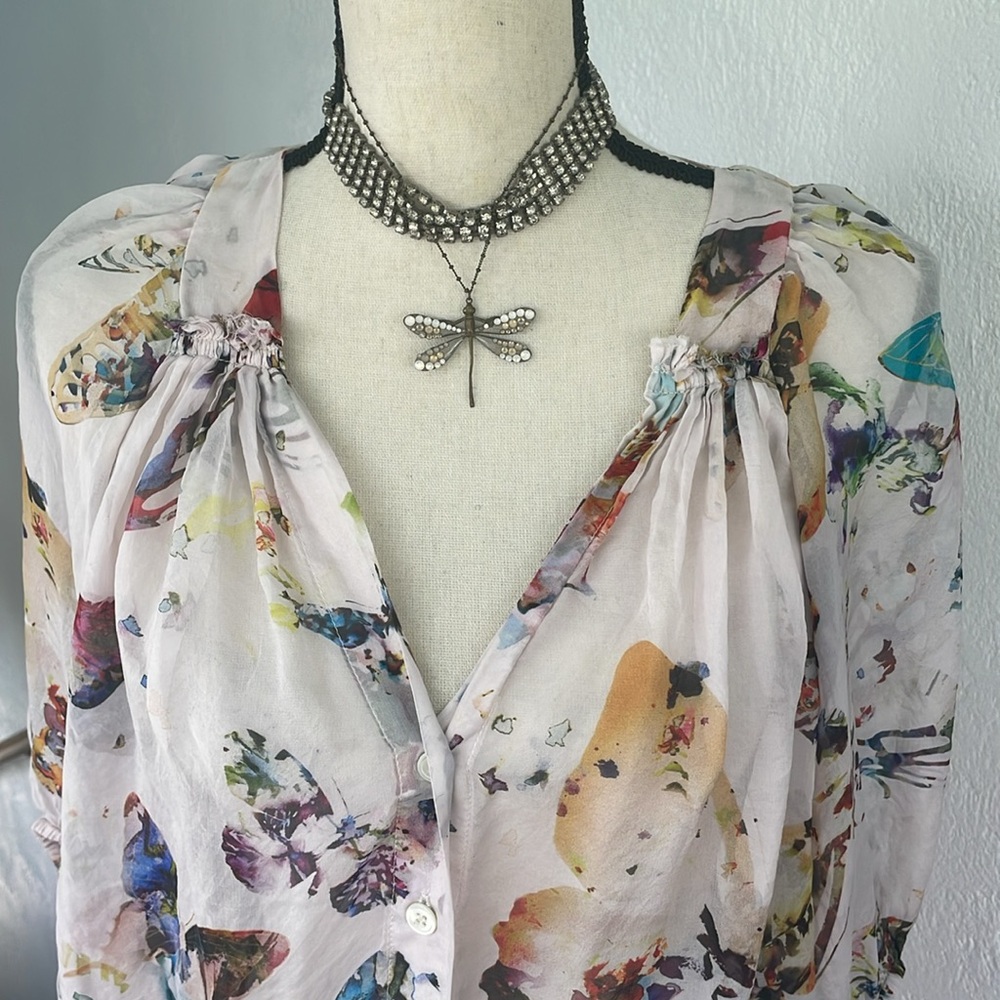 Fifteen Twenty Vintage Butterfly Motif Sheer Silk Floral Blouse oversized XS - Picture 4 of 8